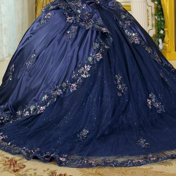 New Navy Satin Ball Gown w/ Floral Lace Embroidery & Oversized Back Bow GL3793 - Picture 13 of 14